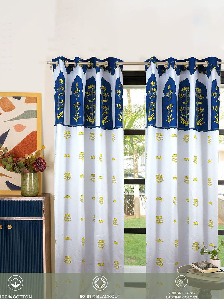 Cortina White & Blue 2 Pieces Ethnic Motifs Printed Cotton Door Curtain