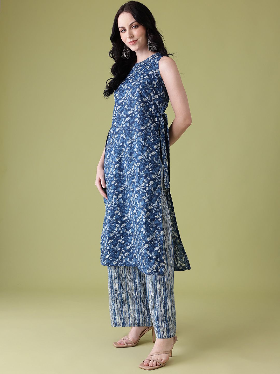 Anouk Floral Printed High Slit Pure Cotton Kurta with Trousers & Dupatta