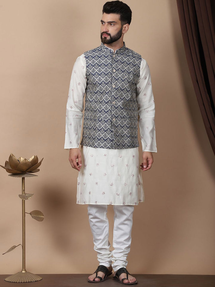 Anouk Cream-Coloured Floral Embroidered Cotton Silk Kurta with Churidar & Nehru Jacket