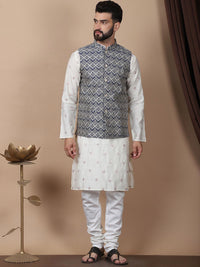 Anouk Cream-Coloured Floral Embroidered Cotton Silk Kurta with Churidar & Nehru Jacket