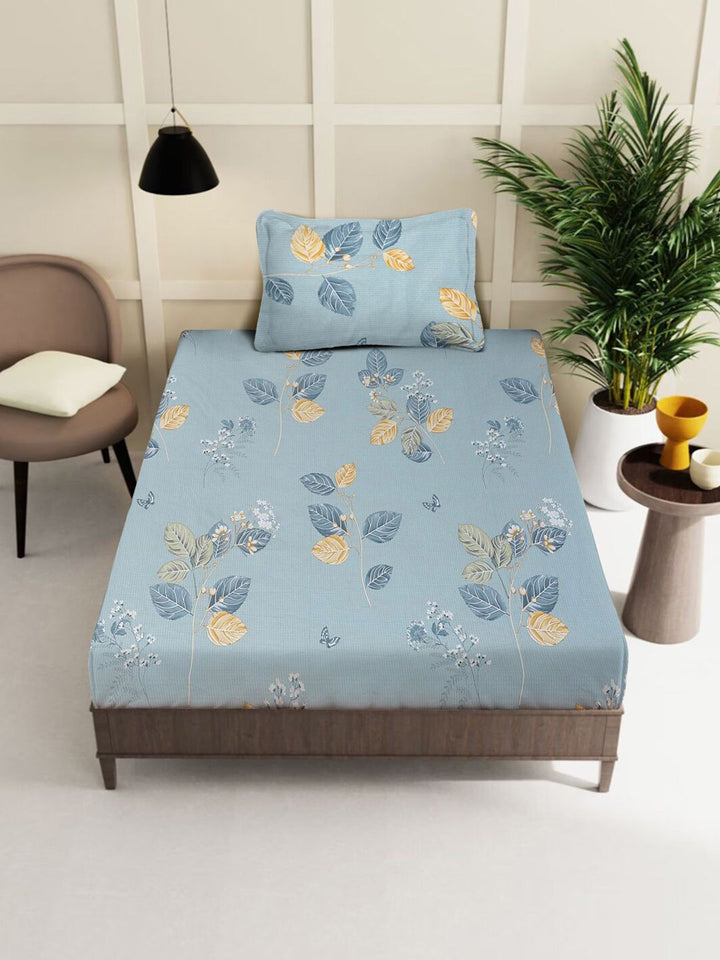 KLOTTHE Blue Floral Cotton 400 TC Single Cadar Superfine dengan Sarung Bantal-89 x 59 inci