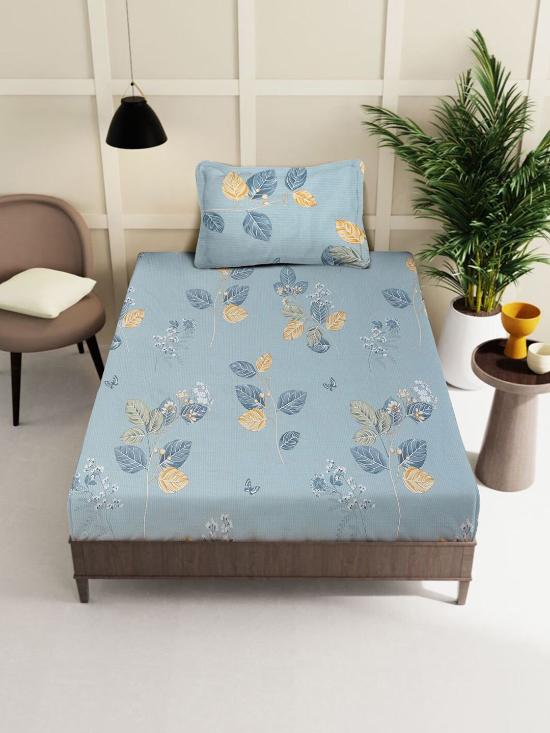 KLOTTHE Blue Floral Cotton 400 TC Single Cadar Superfine dengan Sarung Bantal-89 x 59 inci