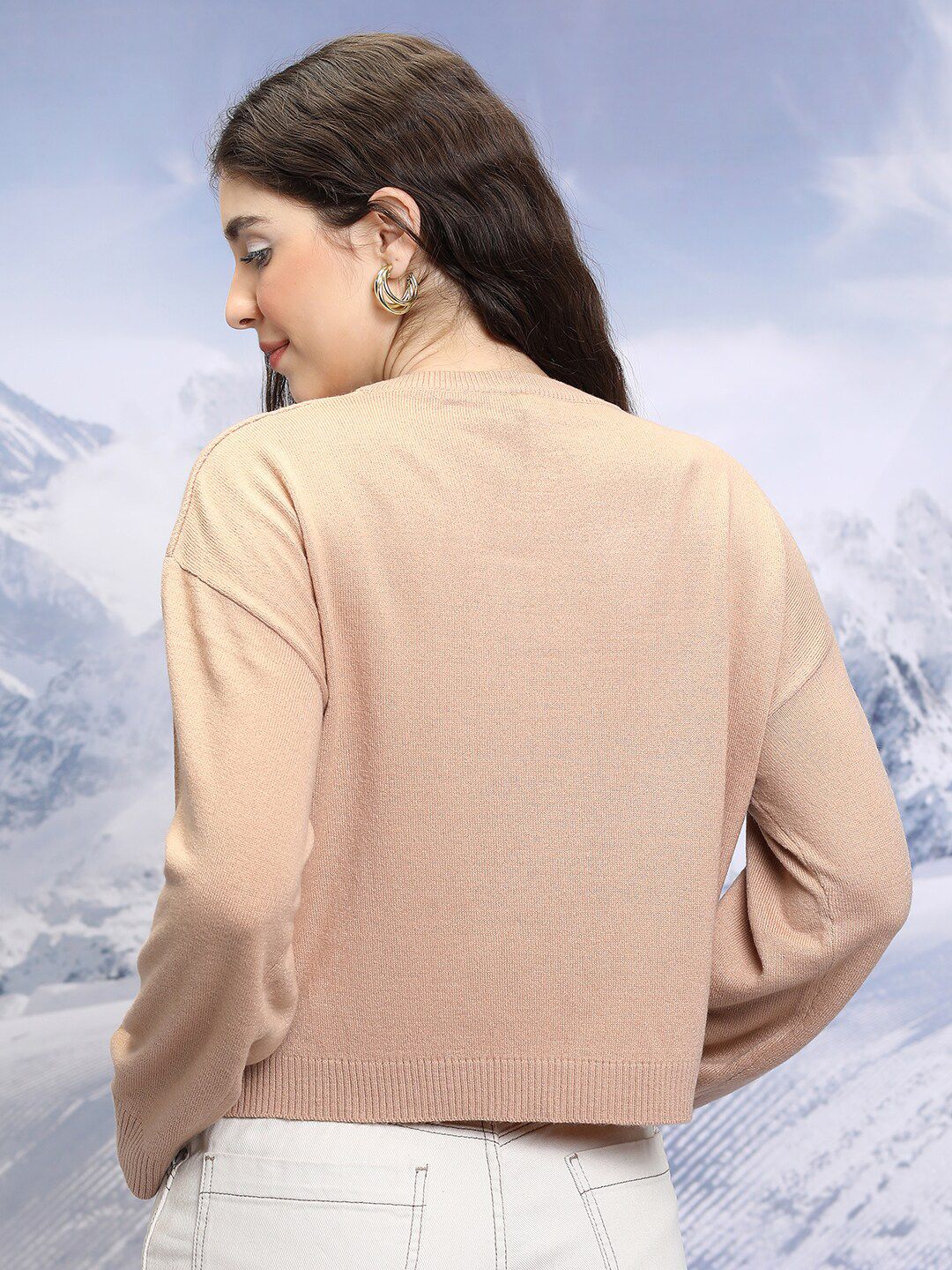Tokyo Talkies Tan-brown Conversational Printed Jacquard Knitted Acrylic Pullover Sweater
