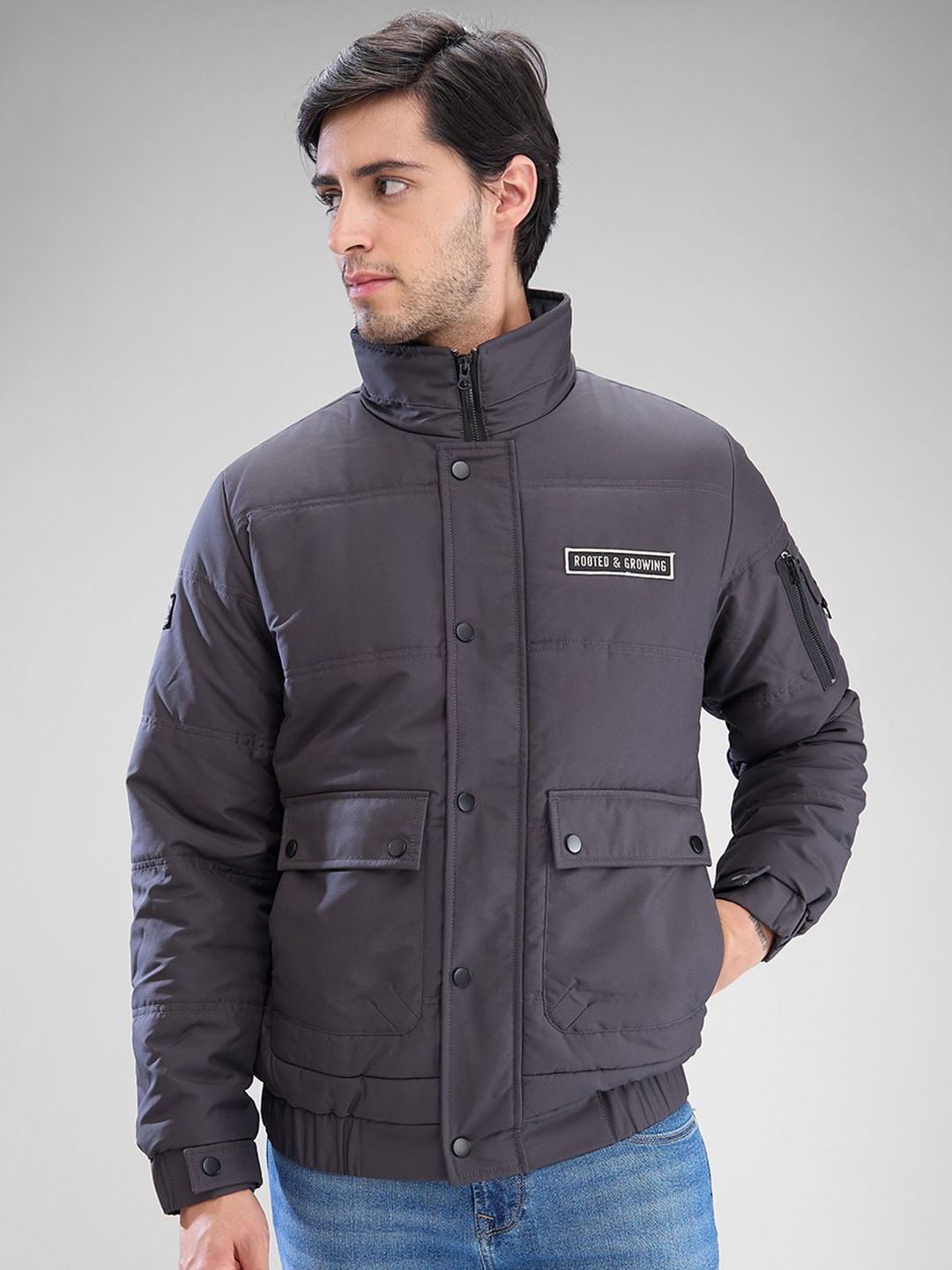 SPYKAR Men Solid Padded Regular Fit Jacket With Patchwork