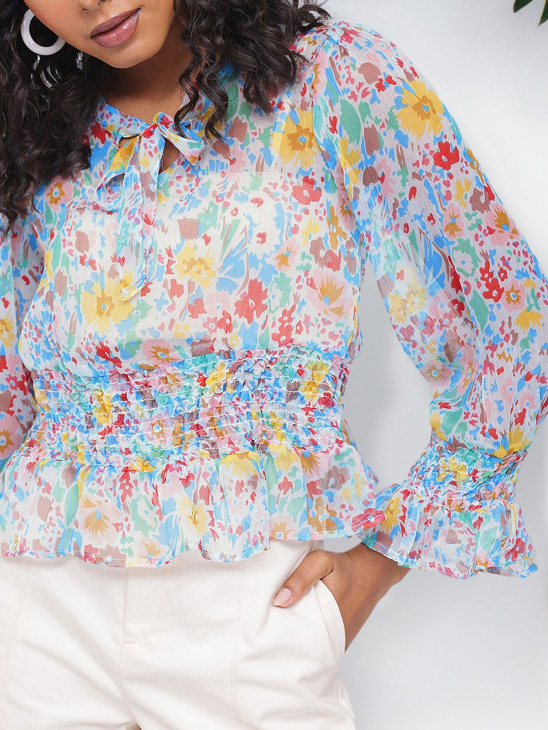 Dressberry Floral Fest Smocked Semi Sheer A-Line Top