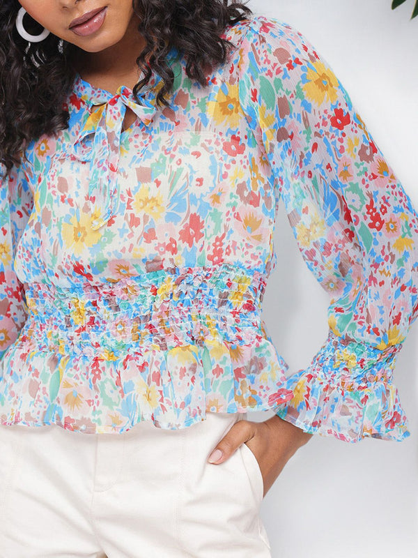 Dressberry Floral Fest Smocked Semi Sheer A-Line Top
