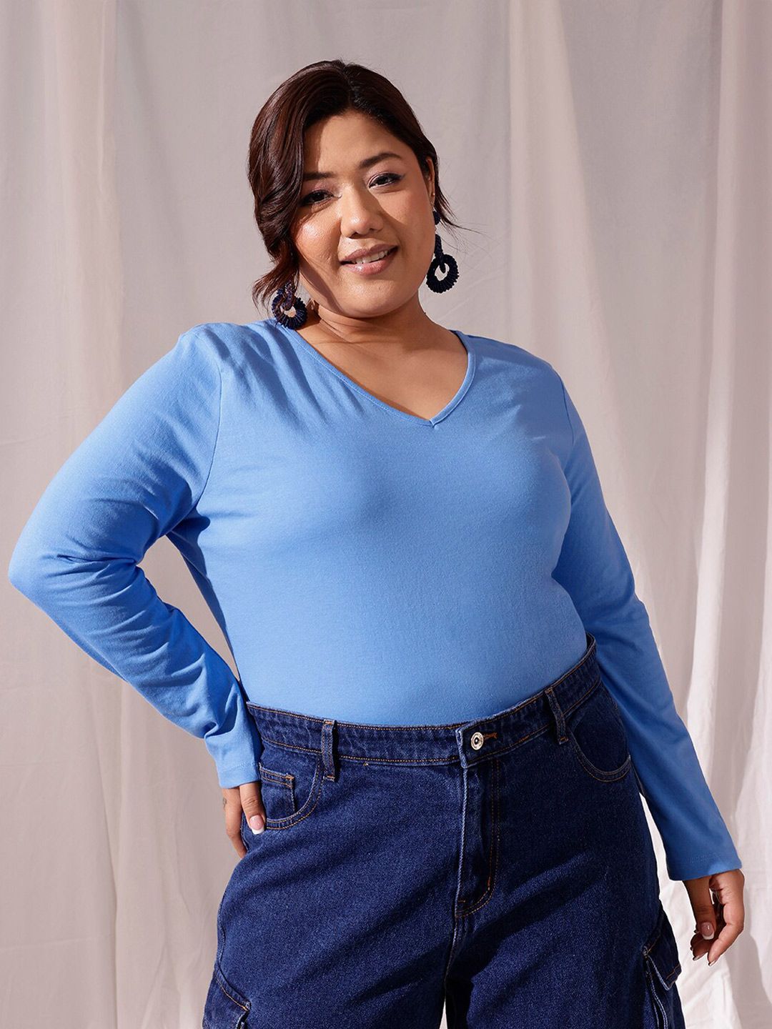 CURVY STREET Plus Size V-Neck Cotton T-shirt