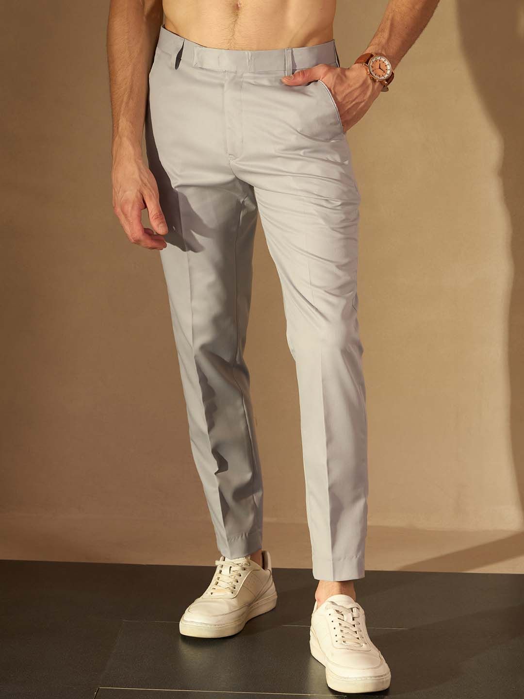 DENNISON Men Grey Smart Tapered Fit Casual Trousers