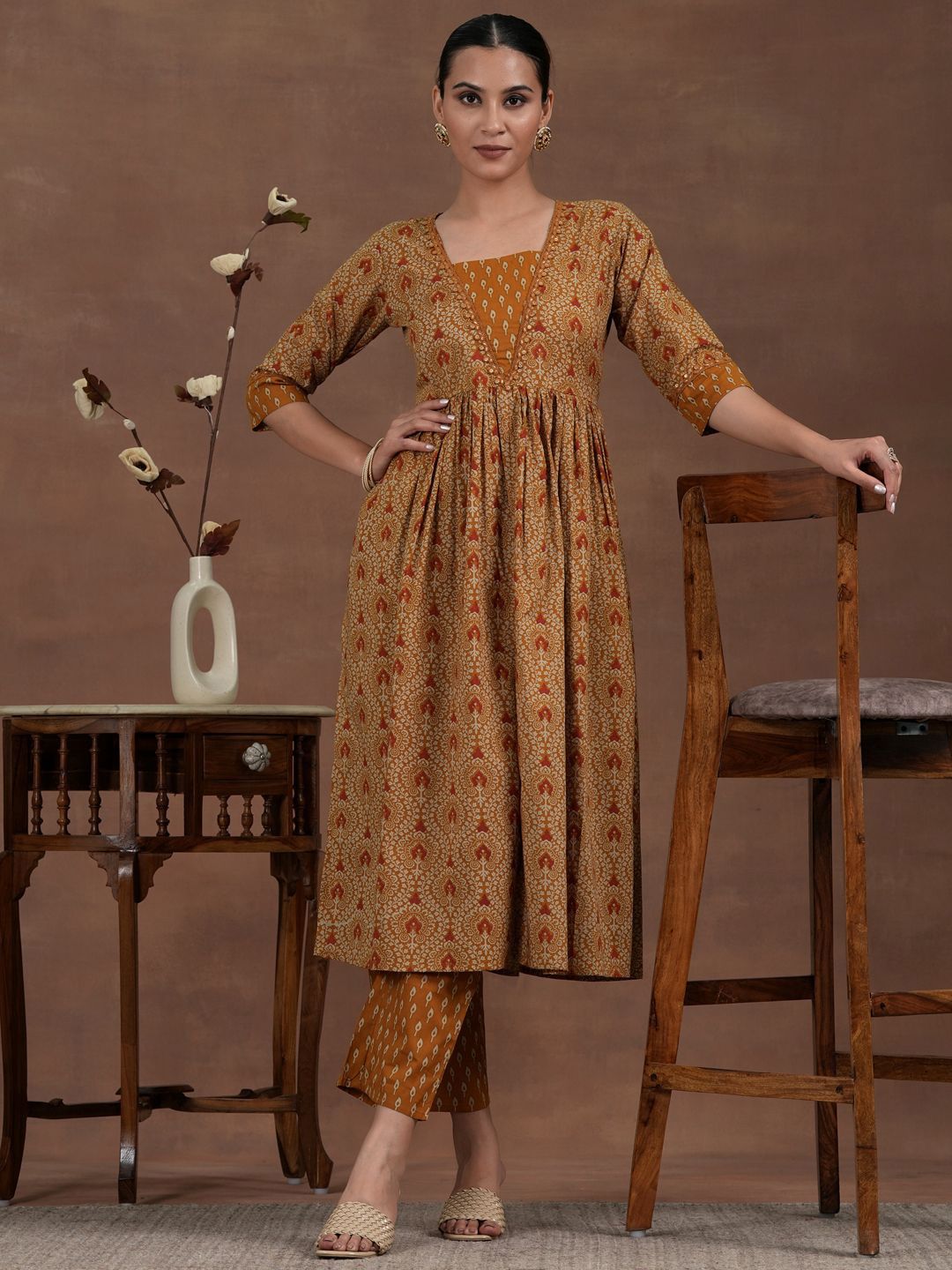 Libas Women Ethnic Motifs Printed Pleated Sequinned Pure Cotton Kurta with Palazzos