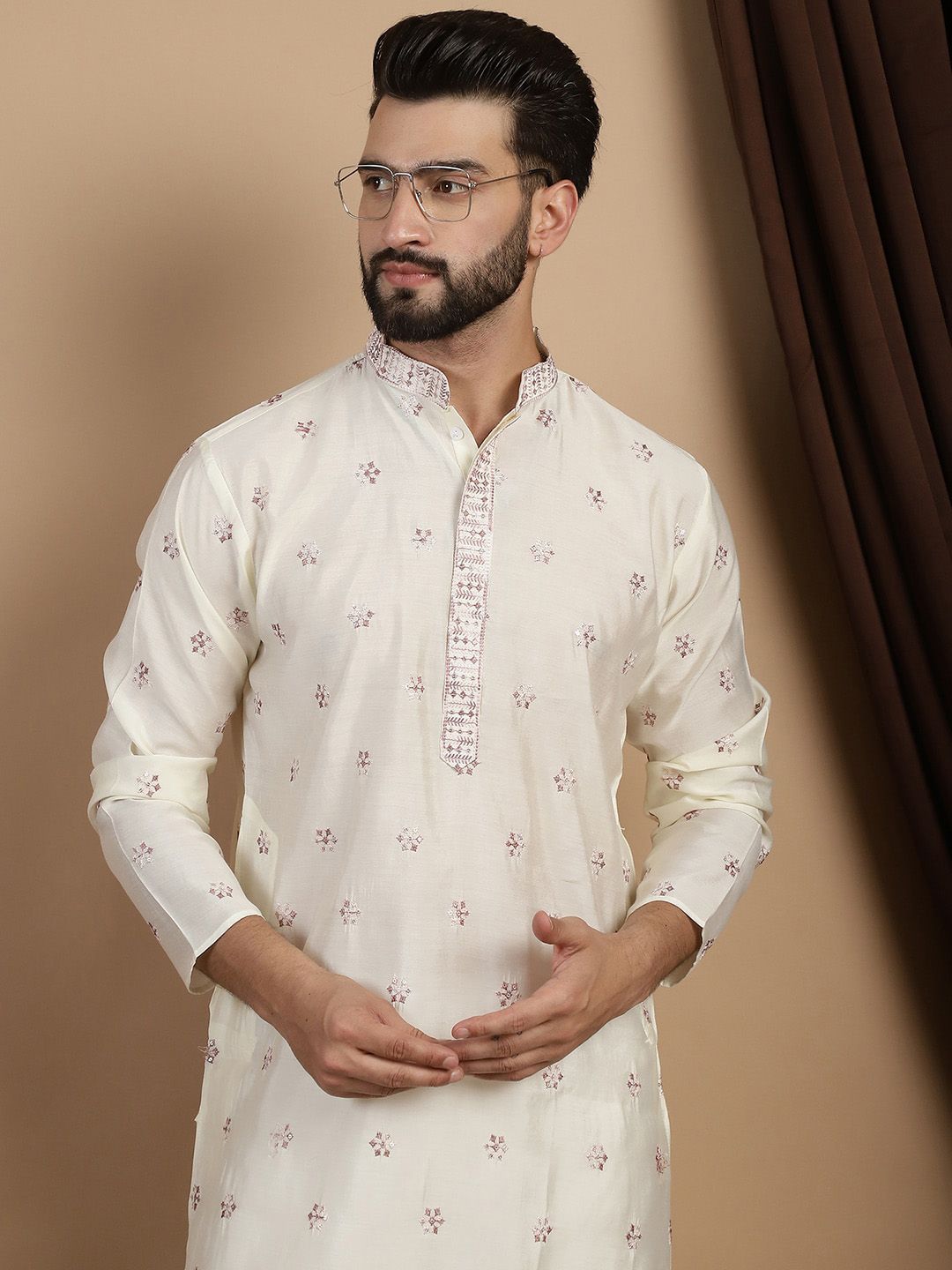 Anouk Embroidered Sequinned Mandarin Collar Long Sleeves Straight Kurta with Churidar