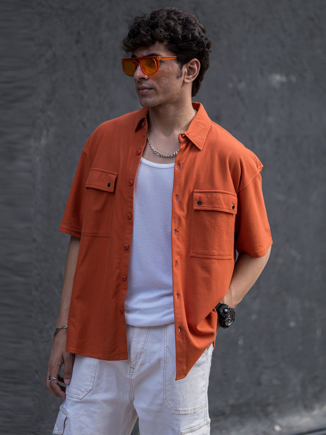 Powerlook Orange Boxy Opaque Drop Shoulder Casual Shirt