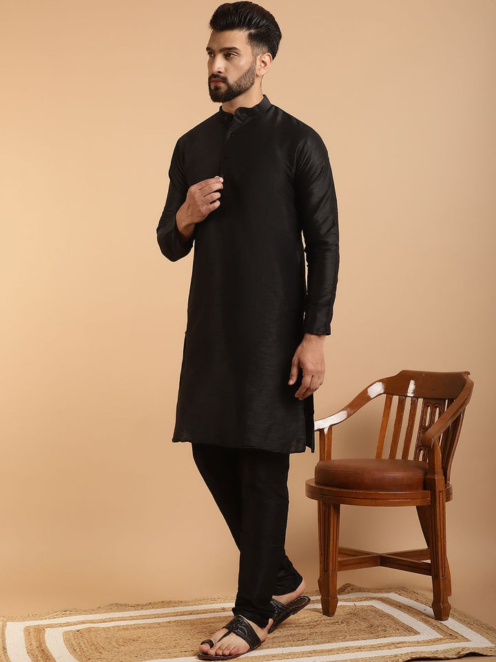 SOJANYA Men Black & Mustard Yellow Kurta with Churidar And Nehru Jacket