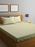 Myntra Elegant Homes Olive Geometric Cotton 300 TC Fitted King Cadar Tempat Tidur Halus dengan 2 Sarung Bantal-250 x 220 cm