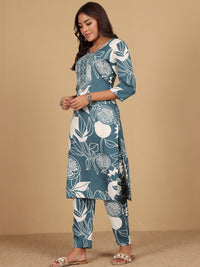 Varanga Floral Printed Round Neck Thread Work Straight Kurta With Trousers