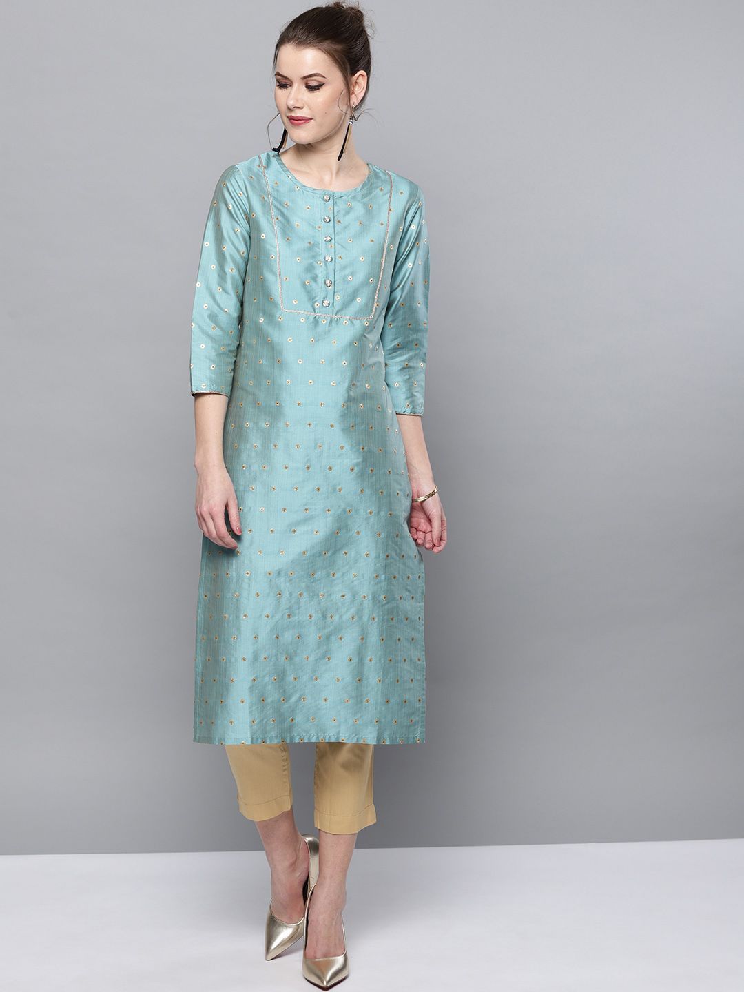 STREET 9 Women Turquoise Blue & Beige Self Design Kurta with Trousers
