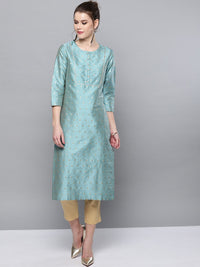 STREET 9 Women Turquoise Blue & Beige Self Design Kurta with Trousers