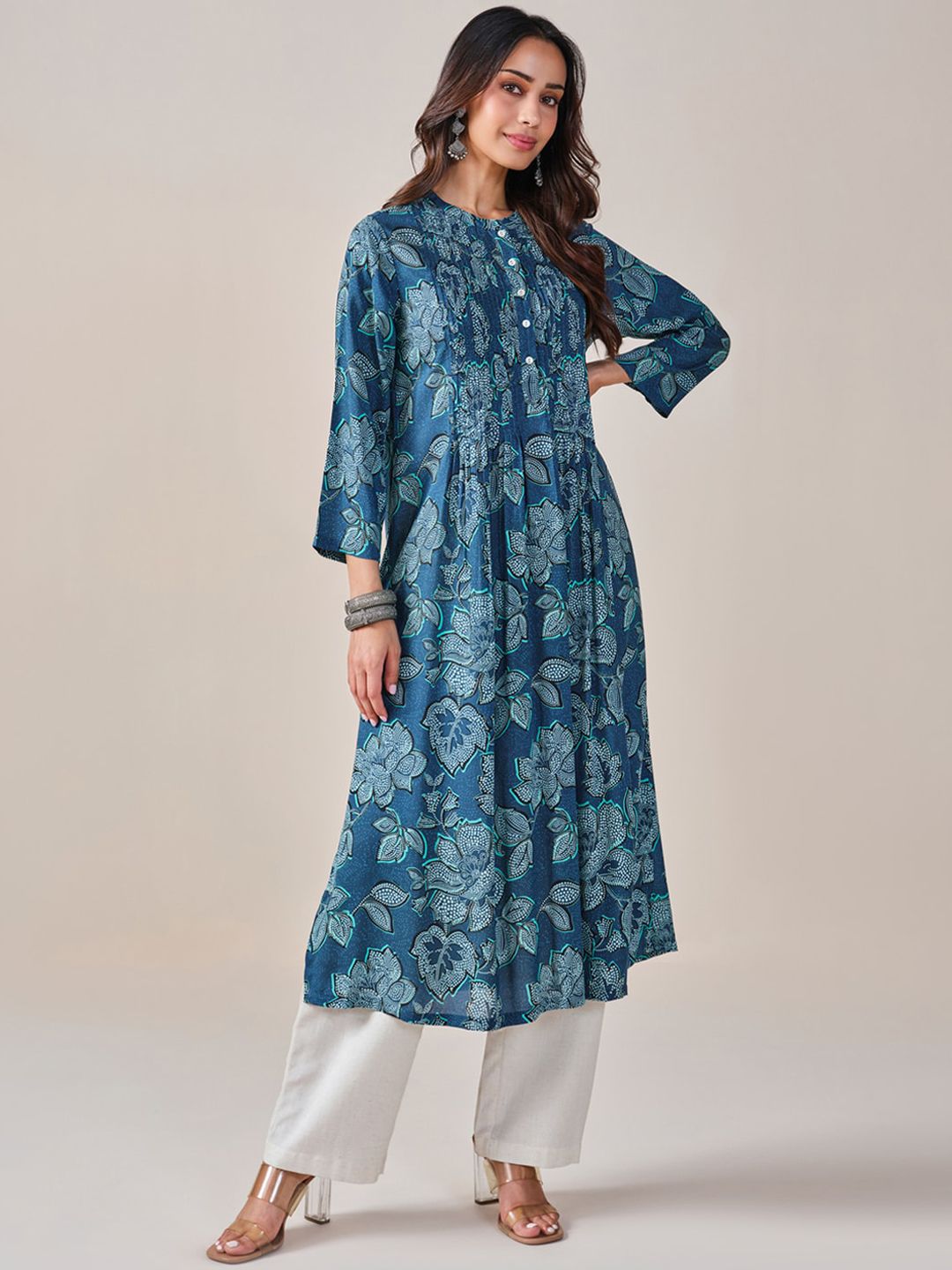 Global Desi Floral Printed Mandarin Collar Pleated Kurta