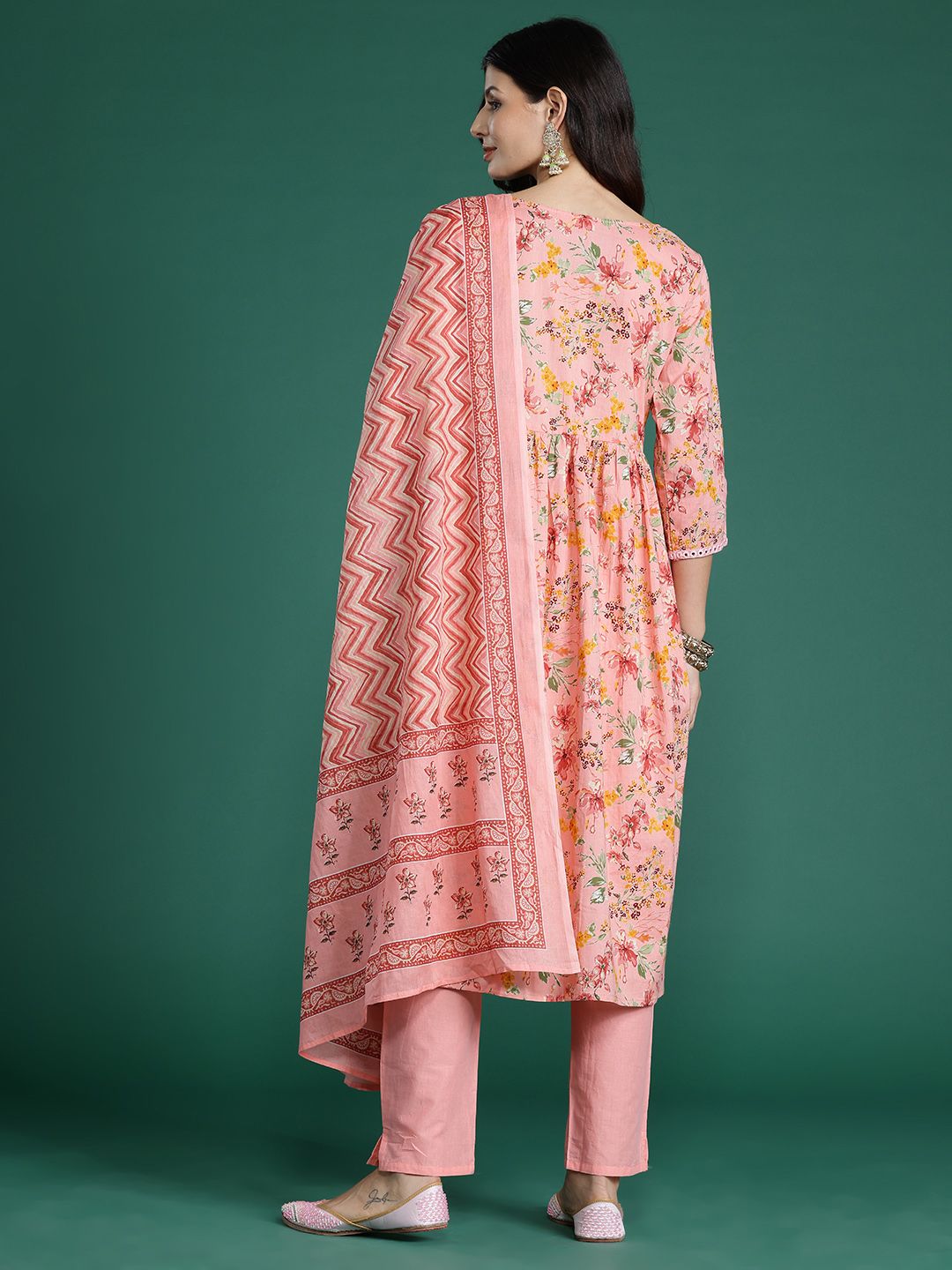 Indo Era Floral Printed Empire Mirror Work Pure Cotton Kurta With Trousers & Dupatta