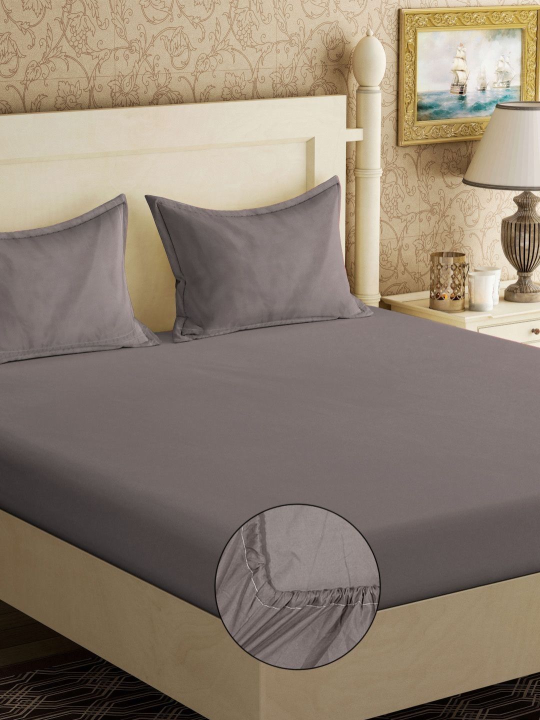 KLOTTHE Grey Cotton 300 TC Fitted King Bedsheet with 2 Pillow Covers-98 x 89 inches