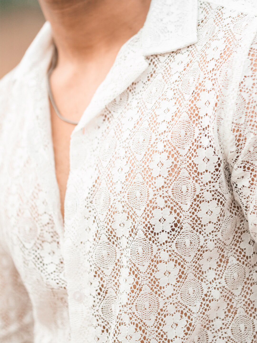 Powerlook White Textured Self Design India Slim Pure Cotton Sheer Crochet Shirt
