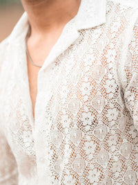 Powerlook White Textured Self Design India Slim Pure Cotton Sheer Crochet Shirt