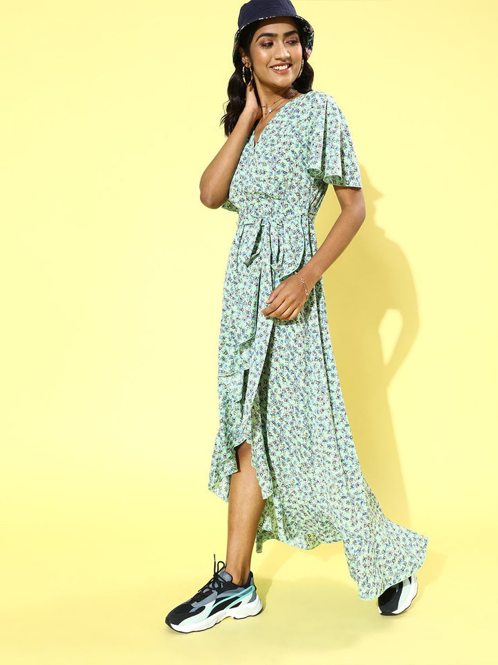Berrylush Sea Green & Black Floral Printed Crepe Maxi Dress