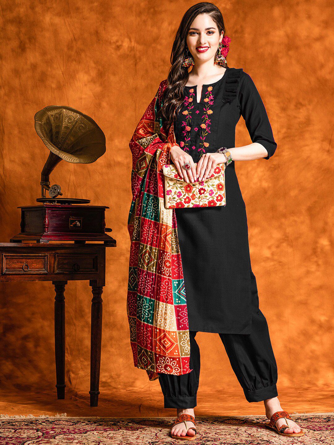 KALINI  Floral Embroidered Notched Neck Mirror Work Kurta with Salwar & With Dupatta