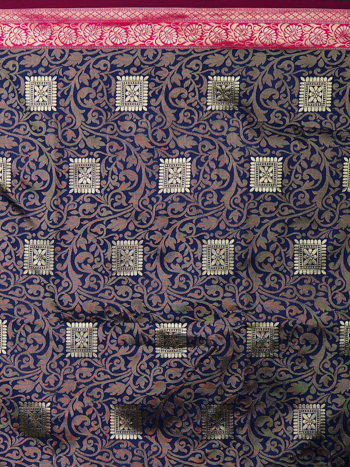 Mitera Blue & Magenta Silk Blend Woven Design Kanjeevaram Saree