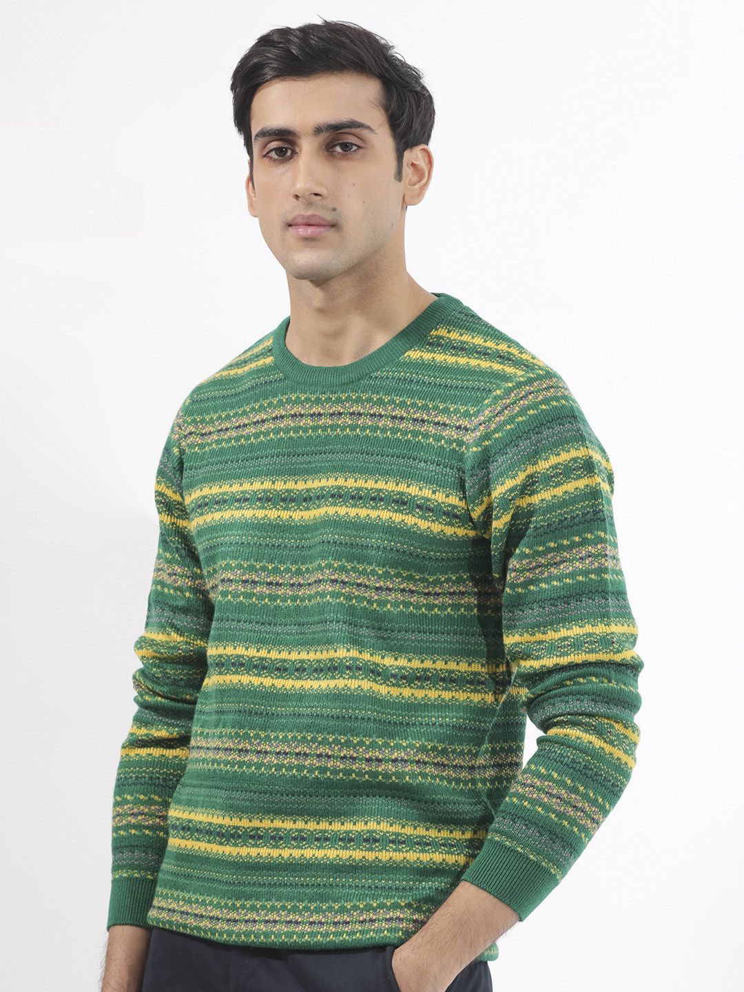 RARE RABBIT Men Fare Crew Neck Chevron Printed Acrylic Sweater