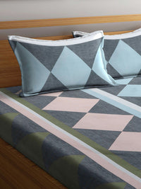 KLOTTHE Biru Kapas Geometrik 300 TC Dilengkapi Cadar King Halus dengan 2 Sarung Bantal-98 x 89 inci