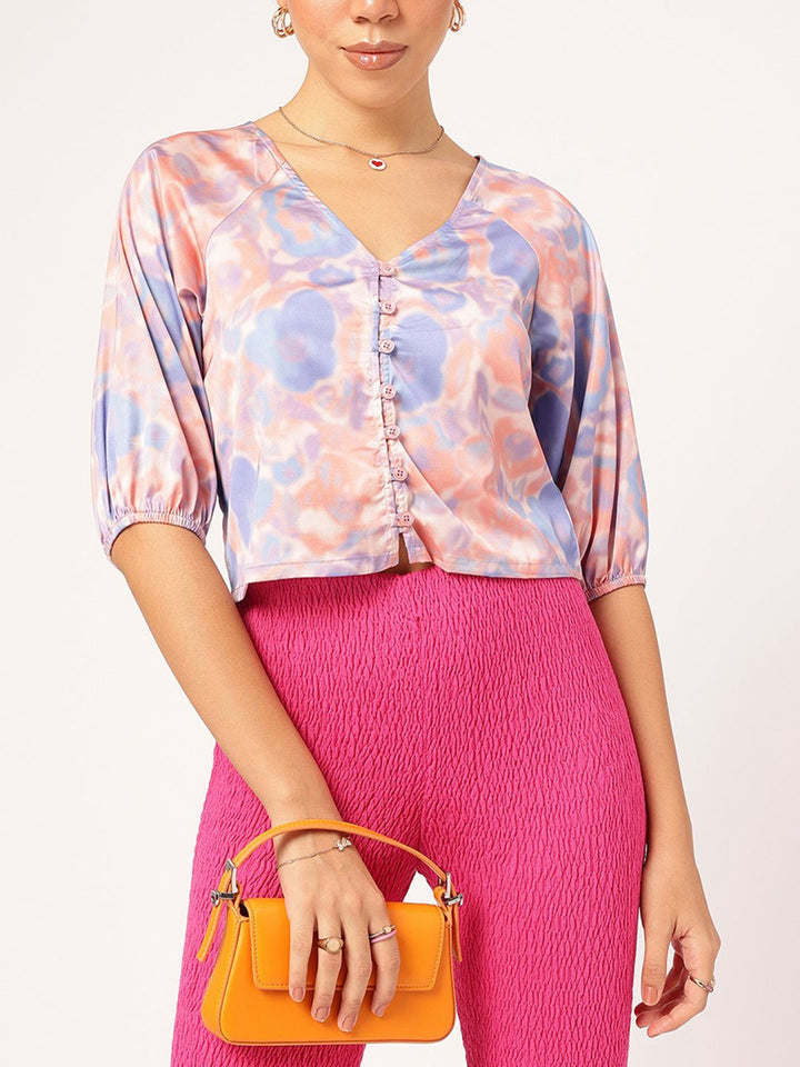 DressBerry Abstract Art Printed Puff Sleeve Shirt Style Crop Top