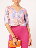 DressBerry Abstract Art Printed Puff Sleeve Shirt Style Crop Top