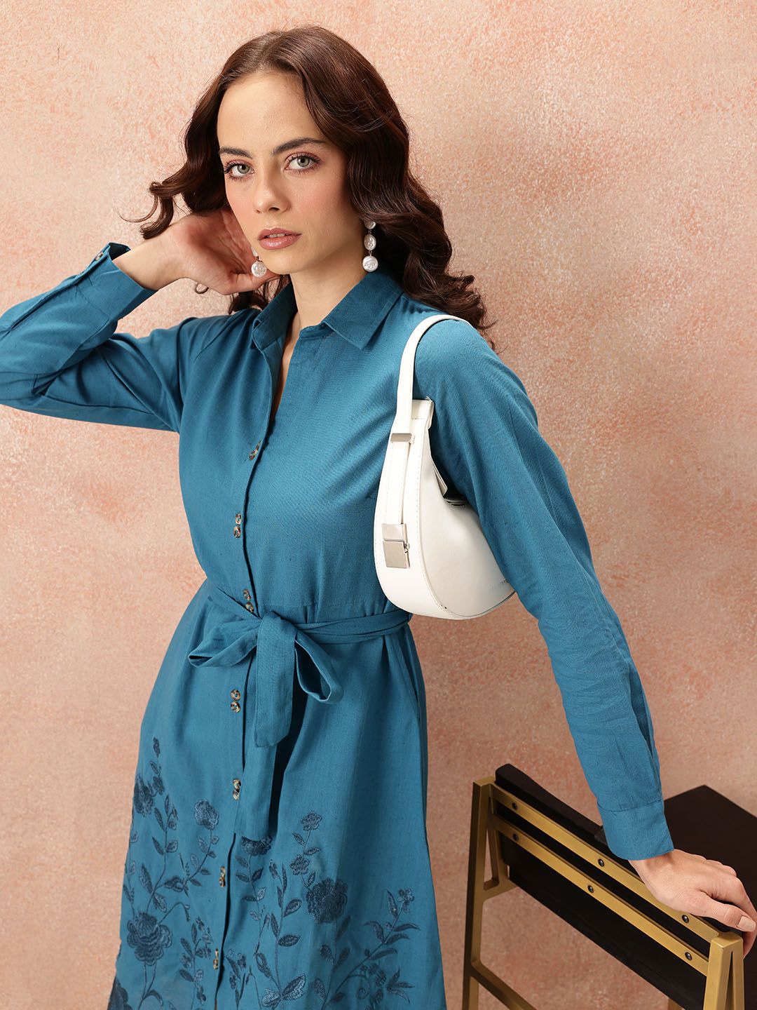 all about you Floral Embroidered Waist Tie-Ups Shirt Dress