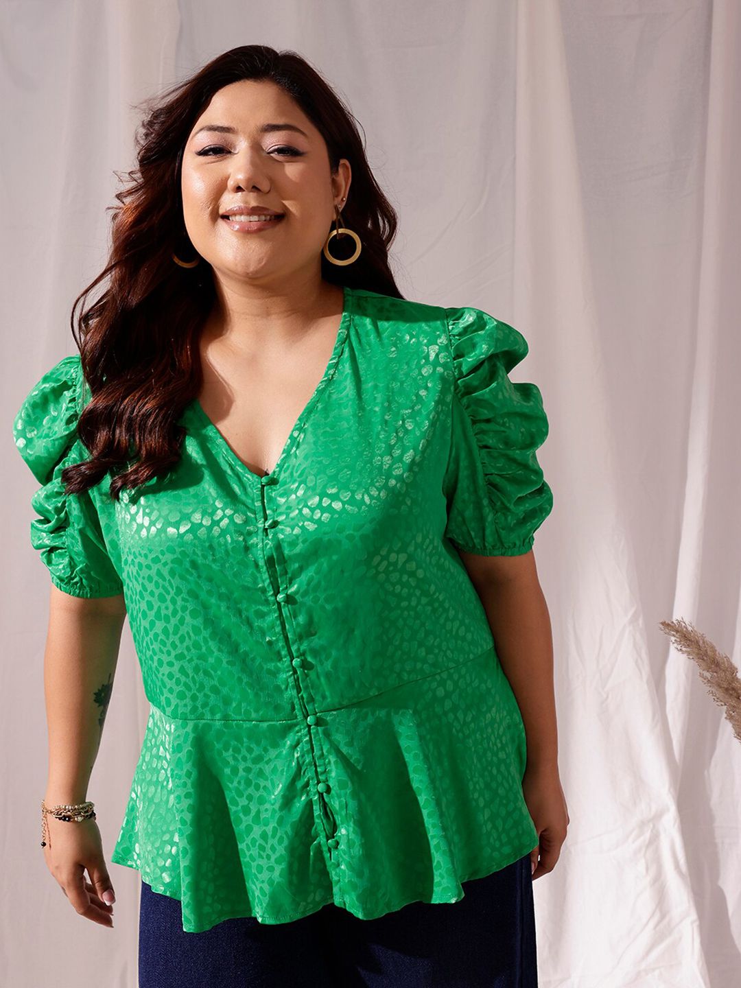 CURVY STREET Plus Size V-Neck Puff Sleeves Jacquard Satin Regular Top