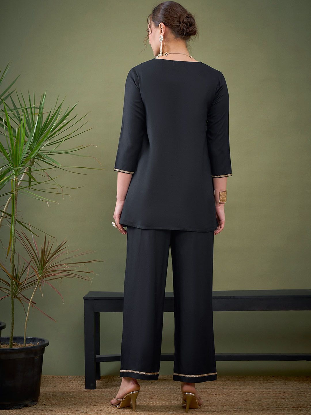 Shae by SASSAFRAS Black Embroidered Ethnic Top With Palazzos