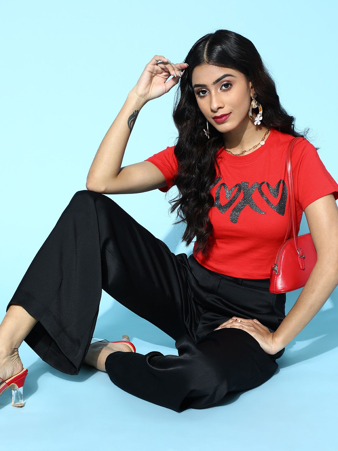 SASSAFRAS Women Gorgeous Red Graphic Cropped Tshirt