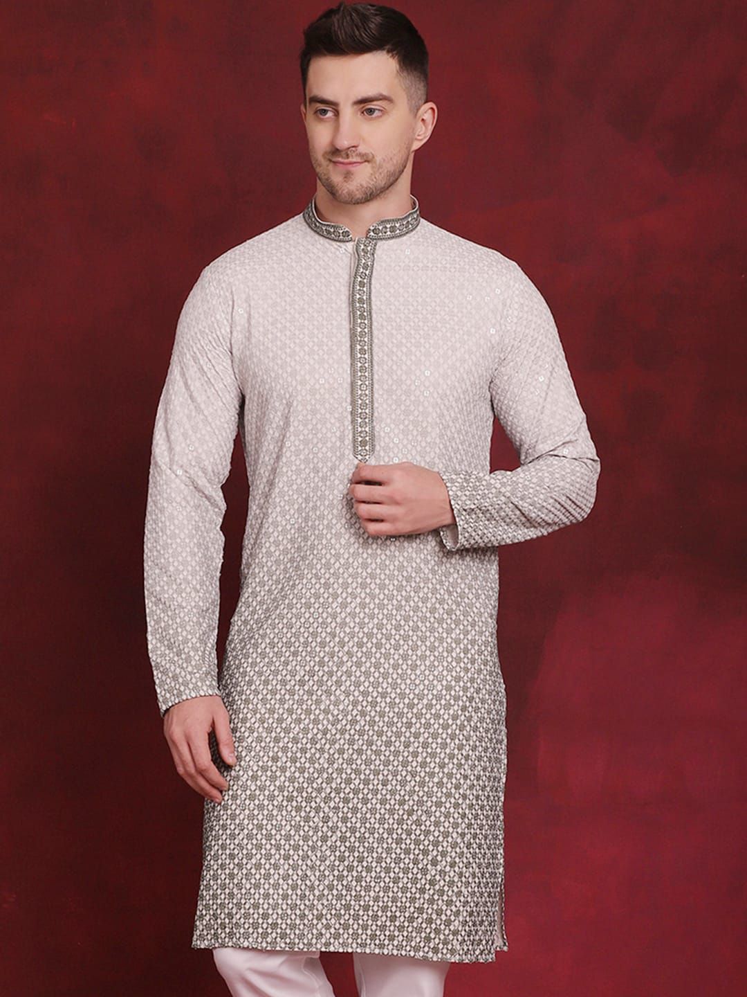 JOMPERS Geometric Collar Mandarin Collar Sequinned Straight Kurta