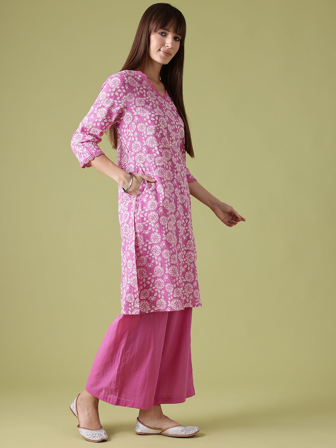 Anouk Floral Printed Lace Insert Detail Pure Cotton Straight Kurta with Trousers