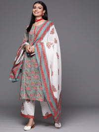Libas Women Grey & Peach-coloured Floral Print Cotton Kurta Palazzos Dupatta