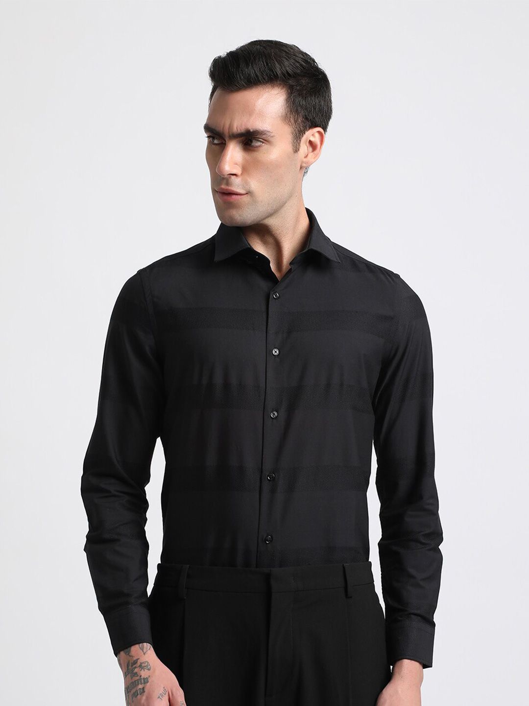 THE BEAR HOUSE Slim Fit Horizontal Stripes Pure Cotton Formal Shirt