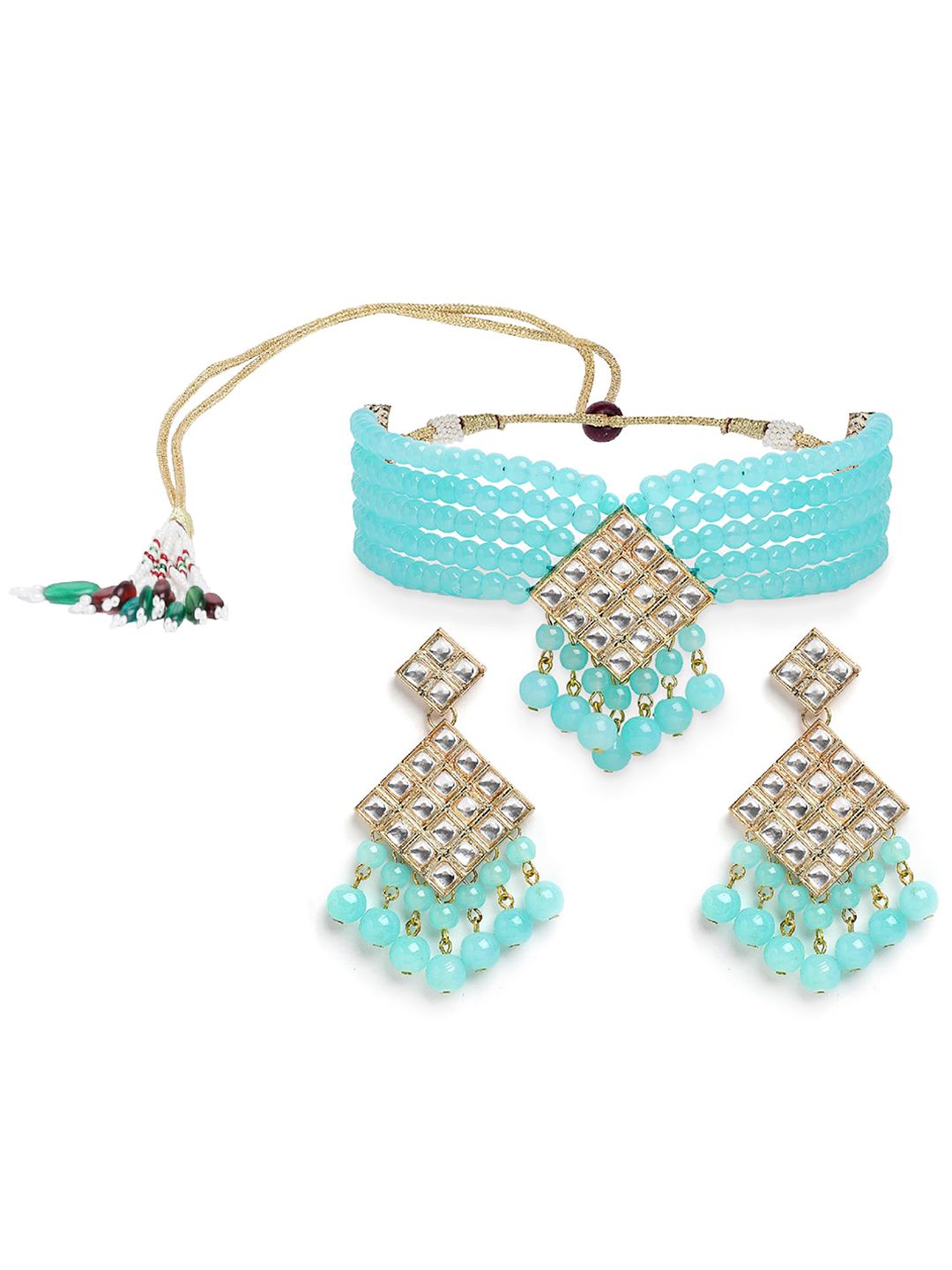 Set Karatcart Gold-Plated White & Blue Kundan-Studded & Beaded Jewellery Set