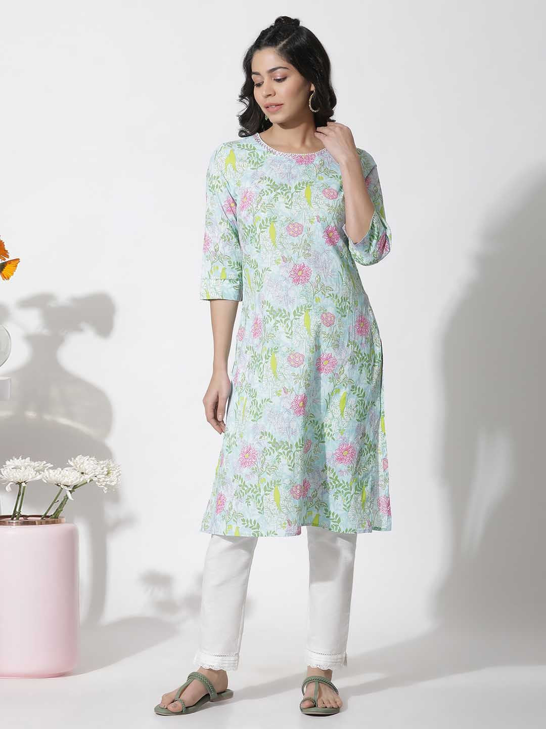 W Blue Floral Printed Cotton Straight Kurta