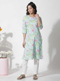 W Blue Floral Printed Cotton Straight Kurta