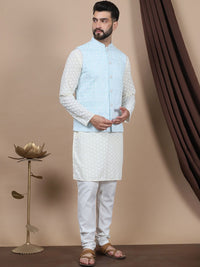 Anouk Floral Embroidered Regular Pure Cotton Straight Kurta With Churidar & Nehru Jacket