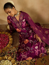 Indo Era Burgundy Floral Printed V-Neck Sequinned Pure Cotton Straight Kurta Set