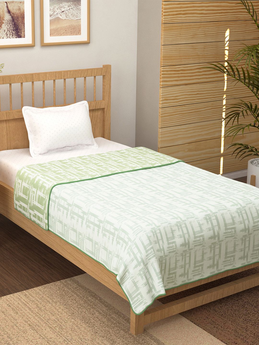 Story@home White & Green Striped AC Room 150 GSM Reversible Cotton Single Bed Dohar