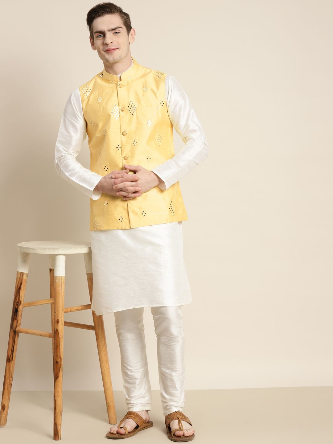 SOJANYA Men Off White Embroidered Mirror Work Kurta with Churidar