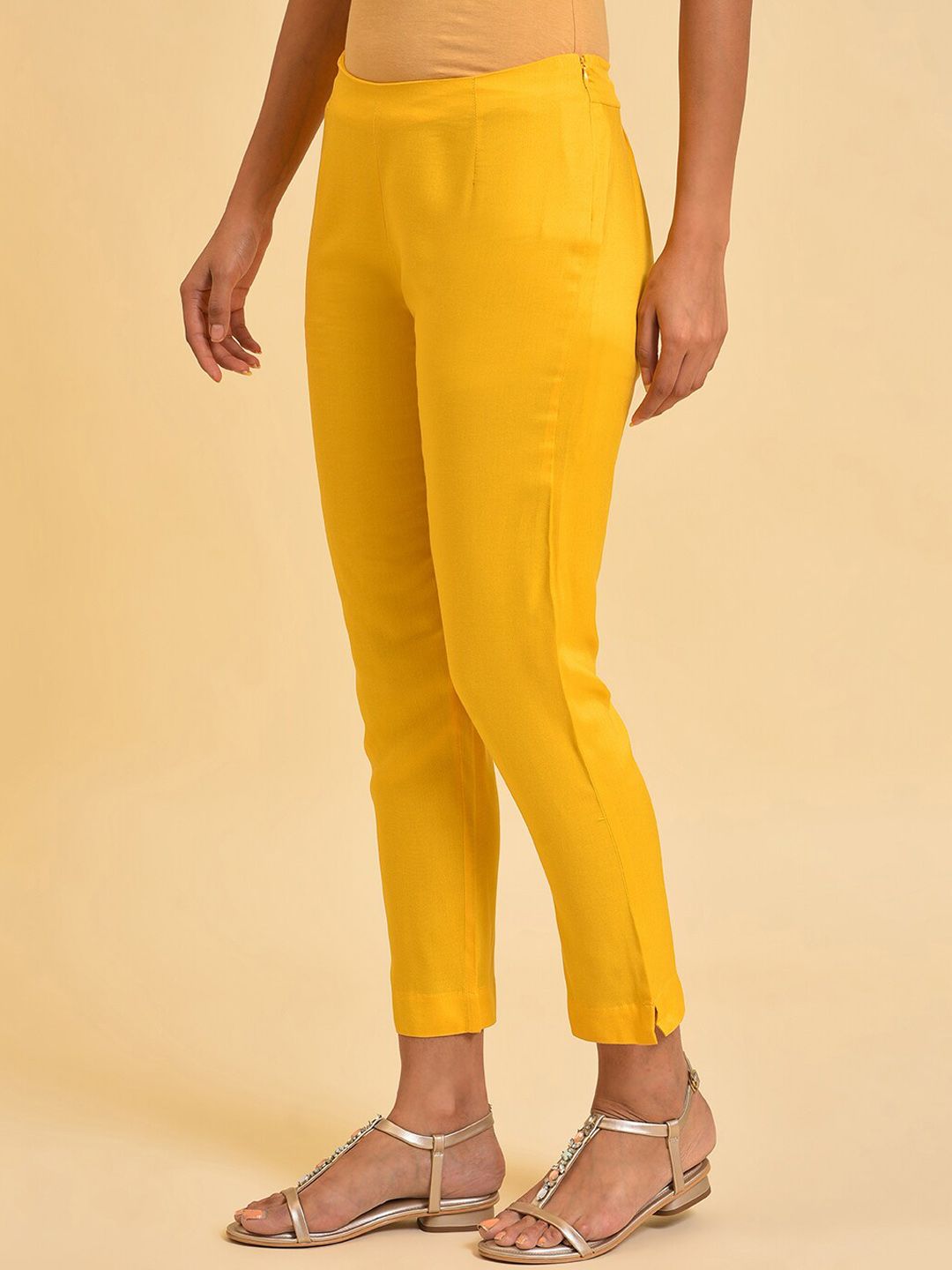 W Women Yellow Slim Fit Cigarette Trousers