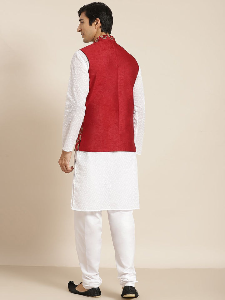 SOJANYA Men White Chikankari Pure Cotton Kurta with Churidar & Nehru Jacket