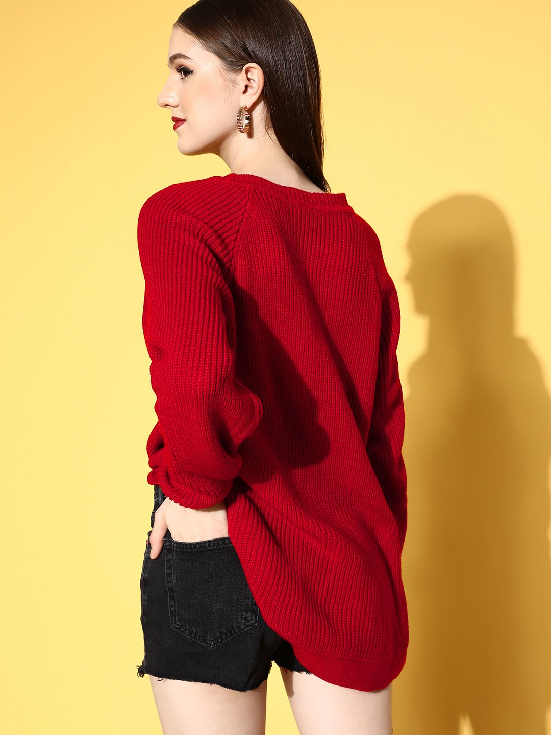 Berrylush Women Stunning Red Solid Knits Bits Sweater